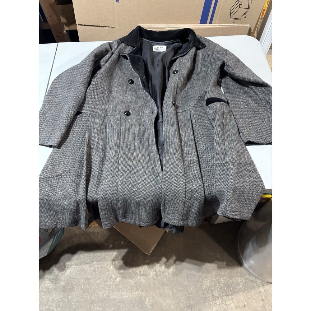 Vtg FLAX Jeanne Engelhart small Black 100% Wool swing Coat w black velour trim